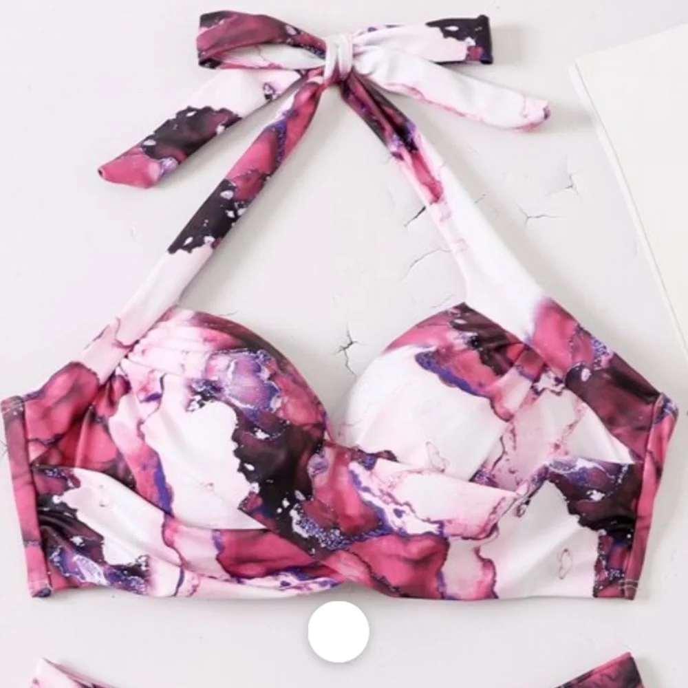 Boho Blue White Tie Dye Marble Print High Waisted Twisted Halter Bikini Set - Picture 10 of 12